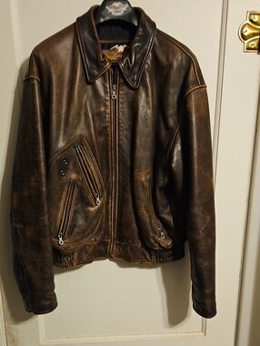 Harley Davidson Men's Distressed Brown Leather Bomber Jacket
